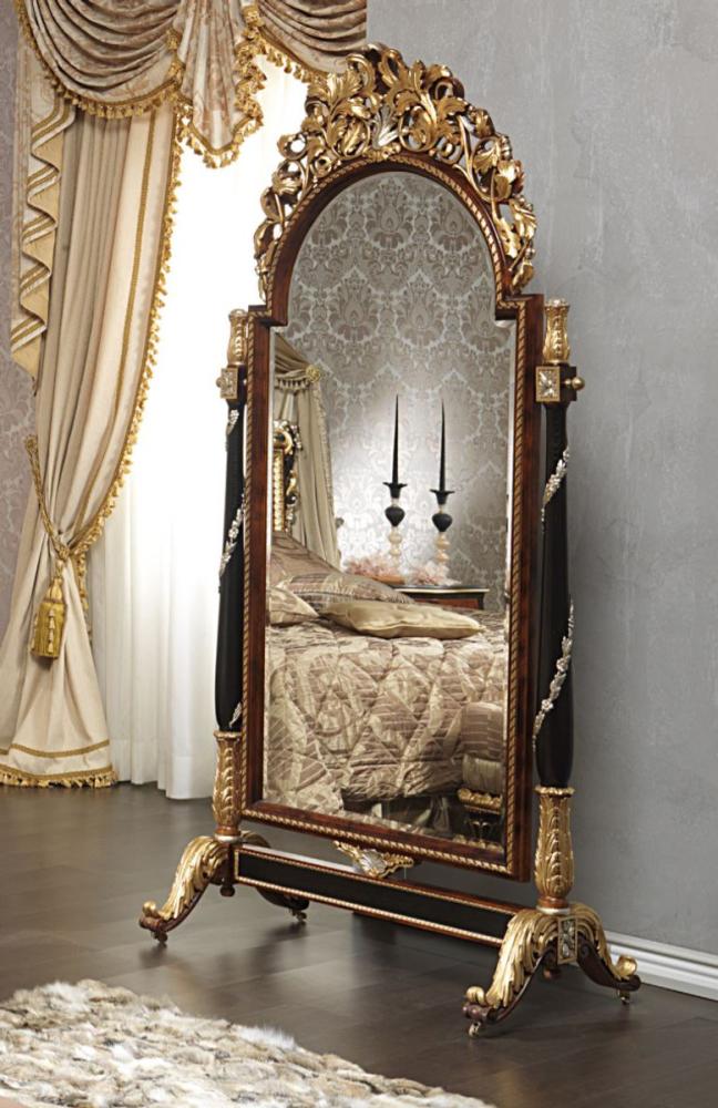 Casa Padrino Luxus Barock Standspiegel mit Rollen Braun / Schwarz / Gold / Silber 106 x 56 x H. 218 cm - Prunkvolle handgeschnitzte Barock Möbel - Luxus Qualität - Made in Italy Bild 1