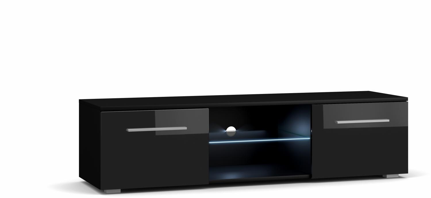 Domando Lowboard Rossano M2 Modern für Wohnzimmer Breite 140cm, LED Beleuchtung in blau, Push-to-open-System, Schwarz Matt und Schwarz Hochglanz Bild 1