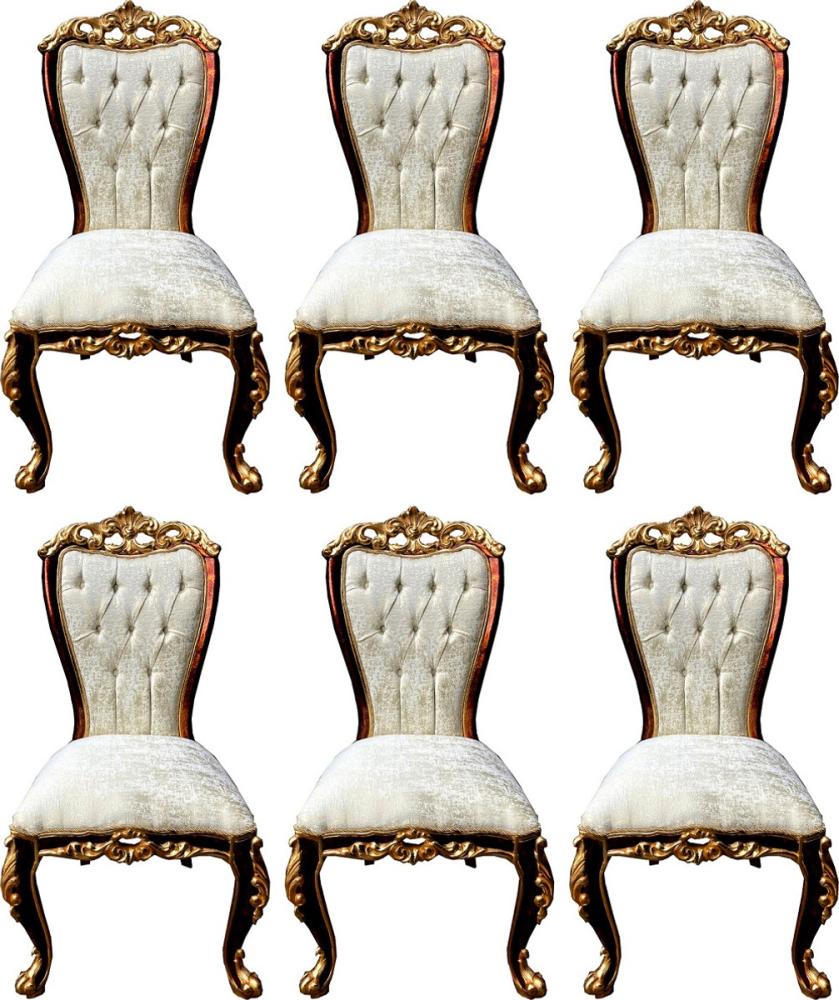 Casa Padrino Luxus Barock Esszimmerstuhl Set Cremefarben / Braun / Gold - 6 Handgefertigte Küchen Stühle im Barockstil - Barock Esszimmer Möbel - Edel & Prunkvoll Bild 1