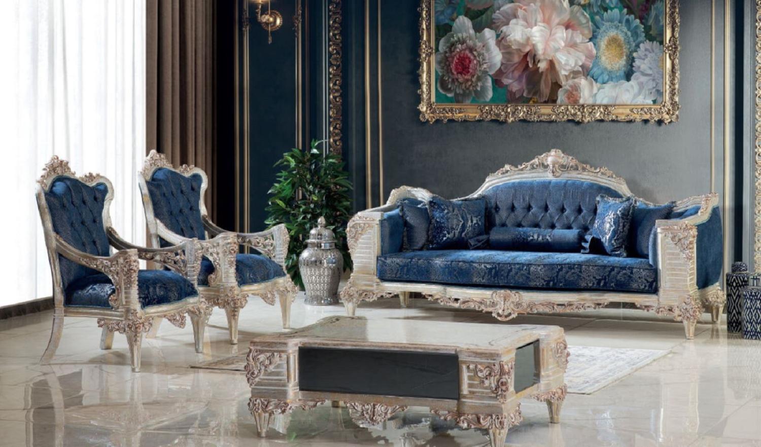 Casa Padrino Luxus Barock Wohnzimmer Set Blau / Creme / Kupfer / Gold - 2 Sofas & 2 Sessel & 1 Couchtisch - Handgefertigte Wohnzimmer Möbel im Barockstil - Edel & Prunkvoll Bild 1