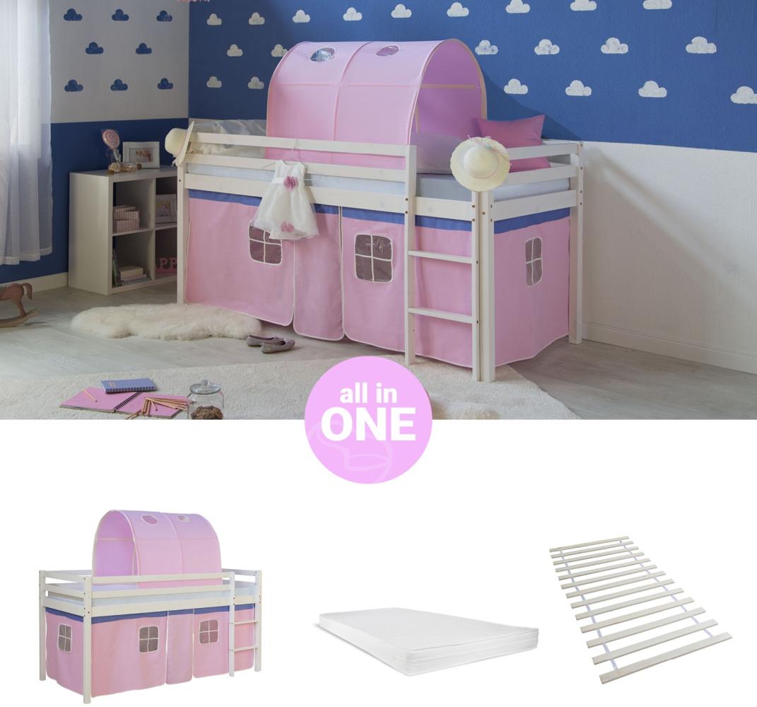 Homestyle4u Spielbett mit Tunnel, Rosa, Kiefernholz rosa / weiß, 90 x 200 cm Bild 1