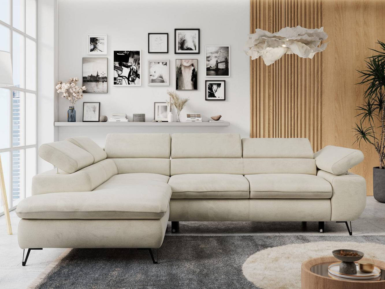 Ecksofa mit Bettfunktion, Modern Sofa, L-form, Einstellbare Kopfstützen, Bettkasten - PETER - Beige Velours - links Bild 1