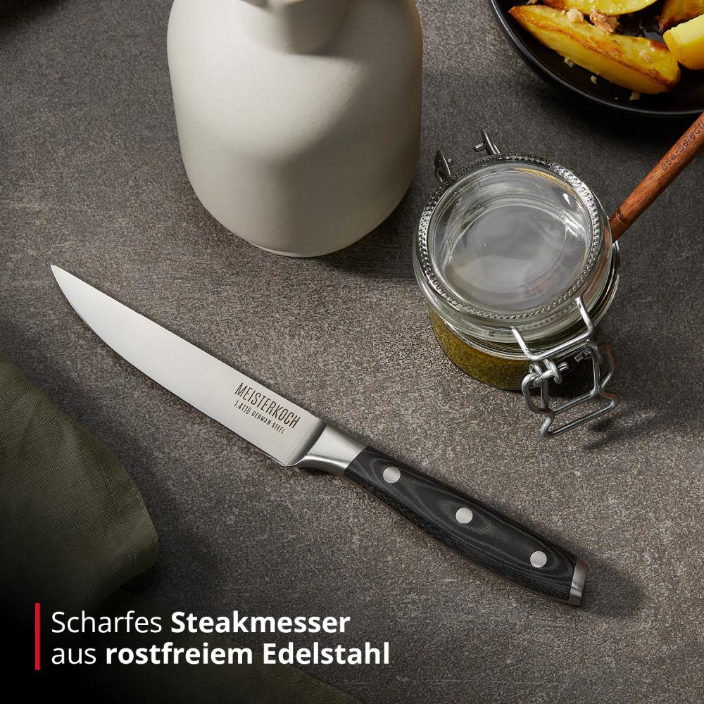 Meisterkoch Steakmesser Messer Küchenmesser | 11,5 cm Klinge aus rostfreiem deutschen Edelstahl | ergonomischer Micarta-Griff mit Fingerschutz, 3-fach vernietet Bild 1
