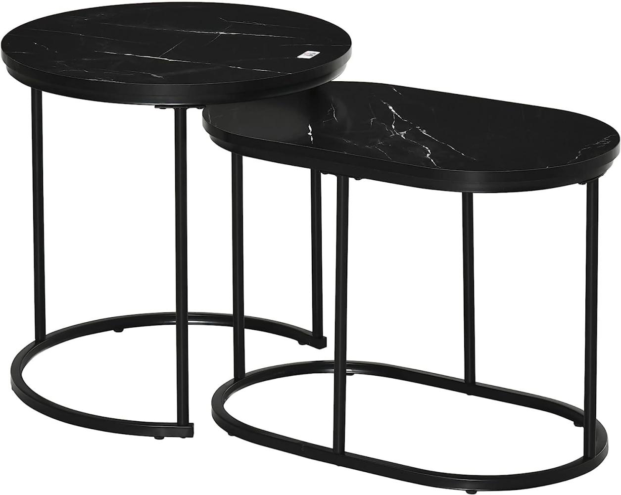HOMCOM 2er Set Couchtisch Satztisch Rund Oval Beistelltisch Kaffeetisch Stapelbar für Wohnzimmer mit Faux Marmor Seite bis 30 kg MDF Stahl Schwarz Ø50 x 50,5H cm Bild 1