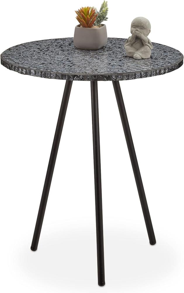Relaxdays Beistelltisch Mosaik, runder Ziertisch, handgefertigtes Unikat, 3 Beine, Mosaiktisch, HxD: 50 x 41 cm, schwarz Bild 1