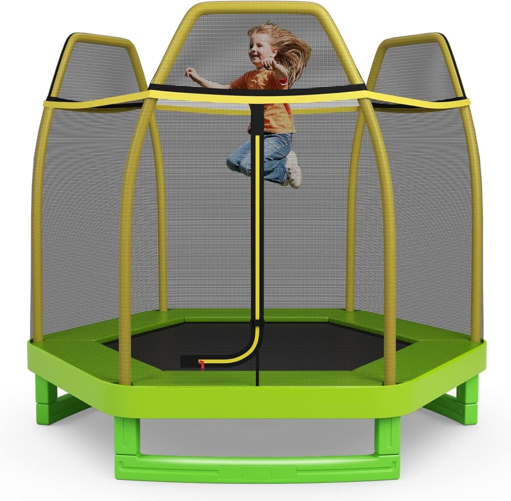 COSTWAY 223 cm Kinder-Trampolin mit Sicherheitsnetz und Federkissen, Outdoor- / Indoor-Trampolin für Kleinkinder mit verzinktem Stahlrahmen, für Jungs und Mädchen Gelb Bild 1