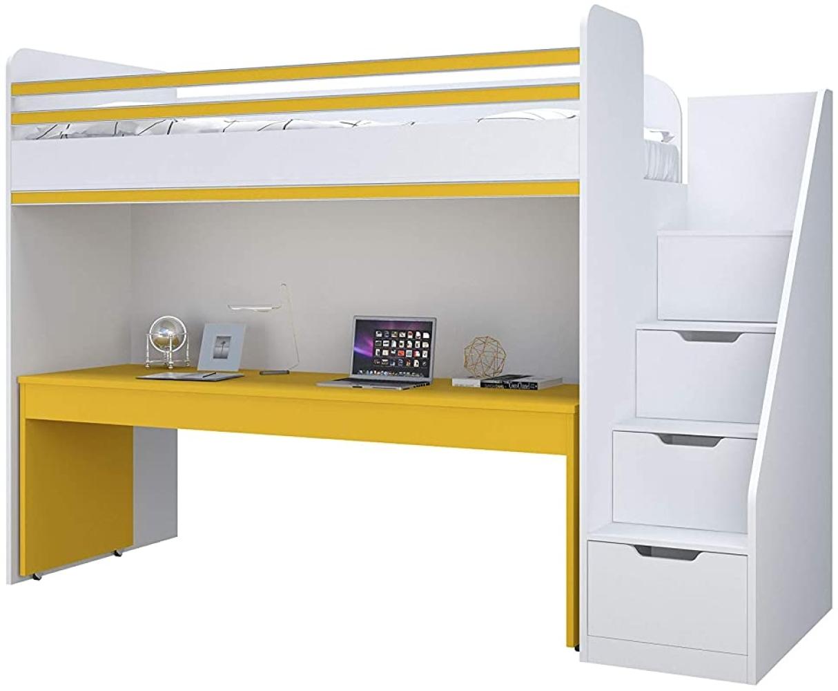 Polini 'City' Hochbett Kombination mit Treppe und großem Schreibtisch gelb Bild 1