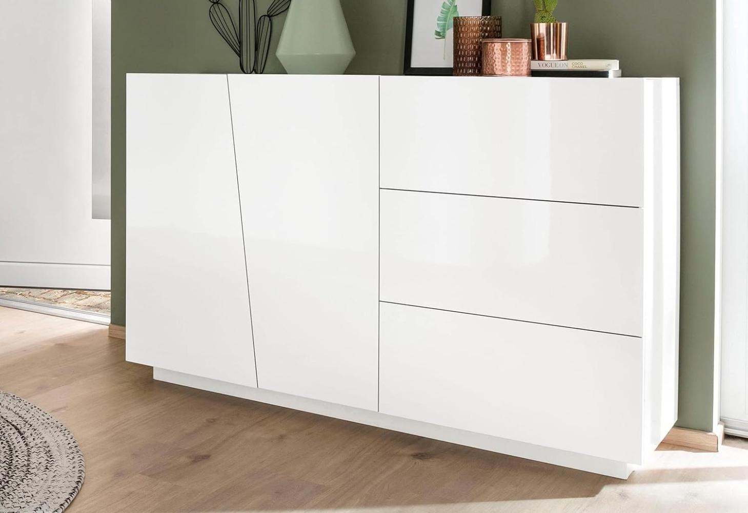 Dmora Modernes Sideboard mit 2 Türen und 3 Schubladen, Made in Italy, Küchen-Sideboard, Wohnzimmer-Design-Buffet, 141x43h86 cm, glänzend weiße Farbe Bild 1