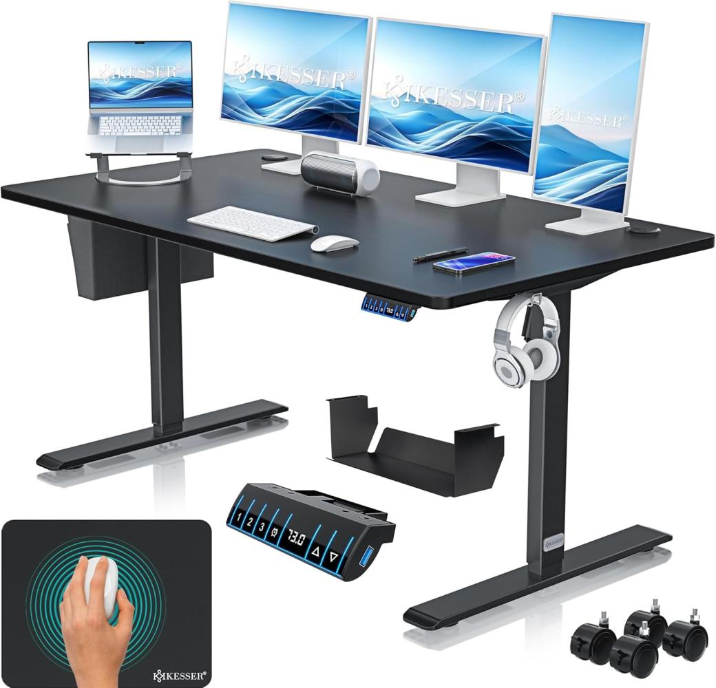 KESSER® Höhenverstellbarer Schreibtisch elektrisch | Ergonomisch Steh-Sitz Schreibtisch | 3-Funktions-Memory Steuerung | Inkl. 360° Rollen & USB-Ladeanschluss | Computertisch für Homeoffice Schwarz, 160 x 70 cm Bild 1