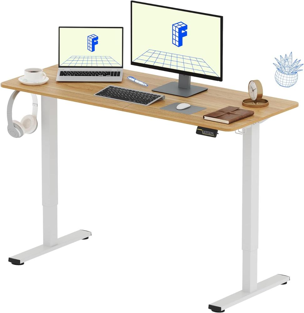 FLEXISPOT Basic Plus 140x60cm Elektrisch Höhenverstellbarer Schreibtisch - Memory-Handsteuerung - Sitz-Stehpult für Büro & Home-Office (ahorn, weiß Gestell) Bild 1