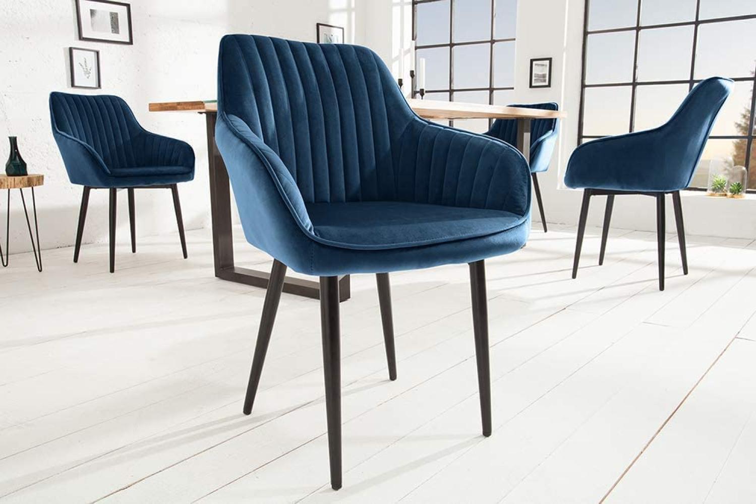 Eleganter Stuhl MILAN Samt blau Ziersteppung Armlehnen Esszimmerstuhl Retro Bild 1
