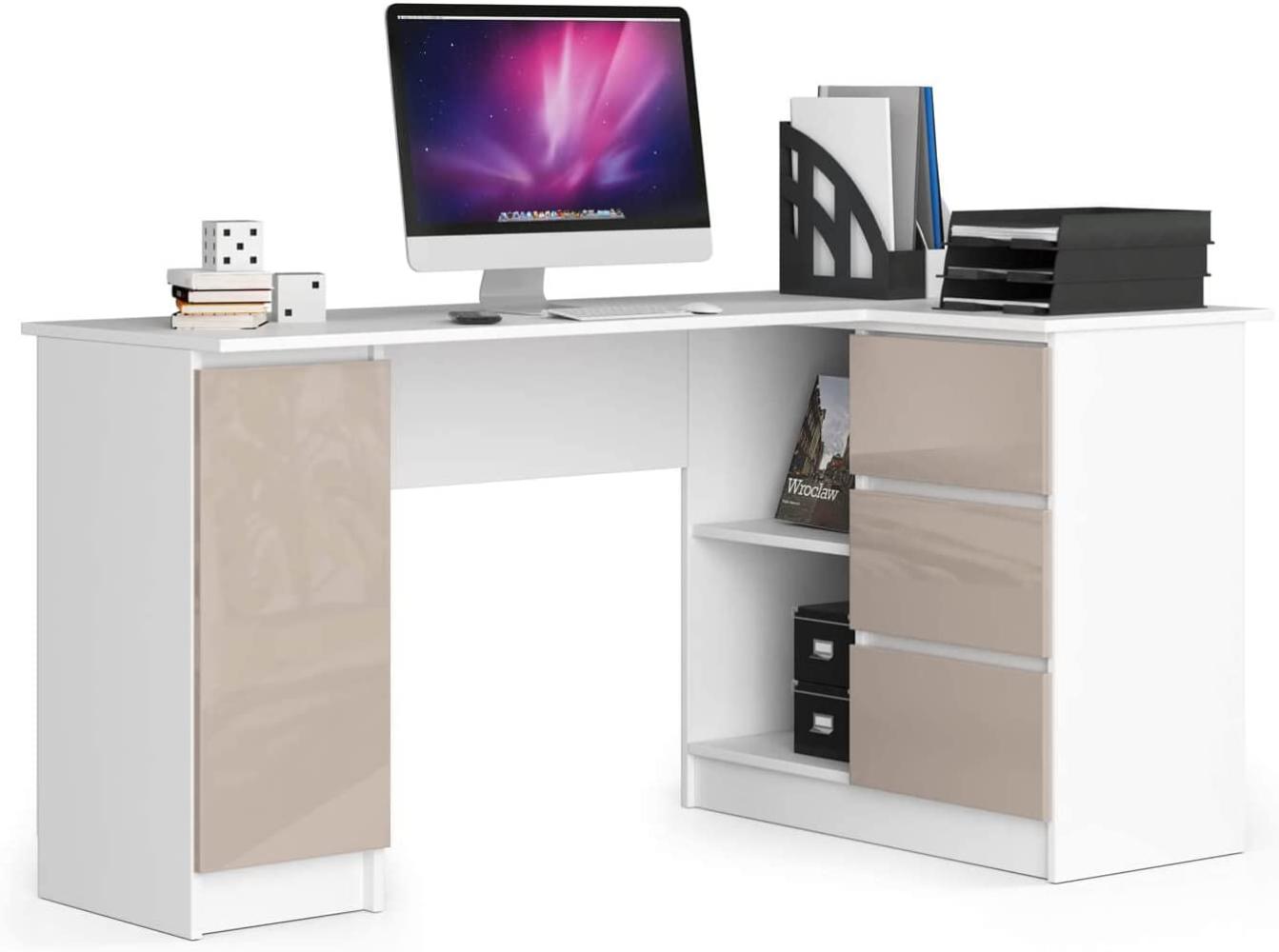 Eck-Schreibtisch B-20 mit 3 Schubladen, 2 Ablagen und einem Regalfach mit Tür | ecktisch | Eck Schreibtisch für Home Office | Einfache Montage | B155 x H77 x T85, 60 kg Weiß/Glänzender Cappuccino Bild 1
