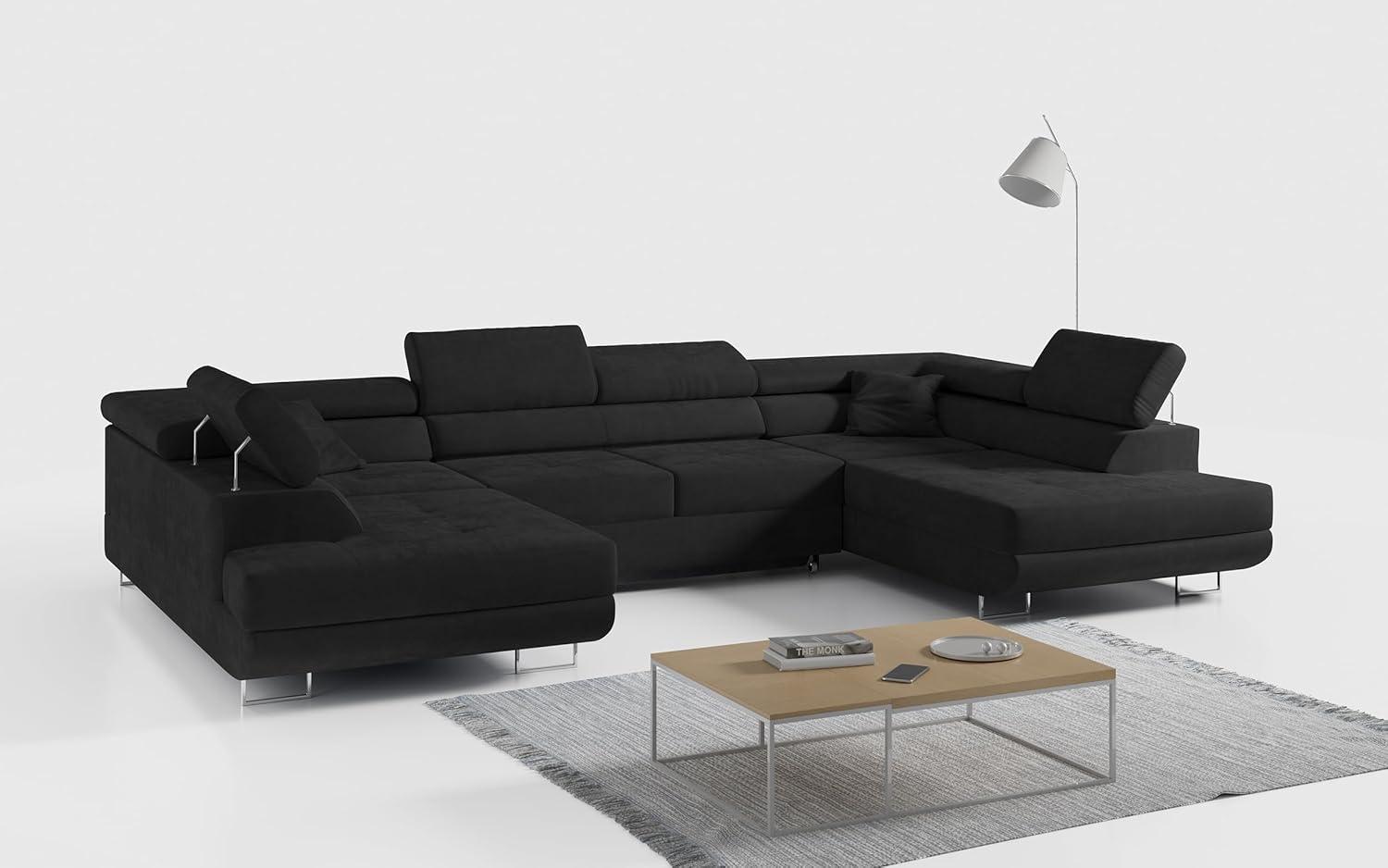 Ecksofa, Wohnzimmer U Couch, Polstersofa mit Bettkasten - GUSTAW-U - Schwarz Velours Bild 1