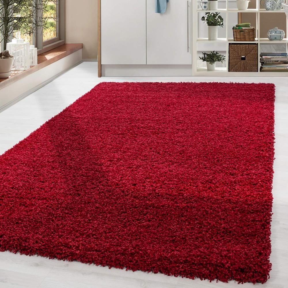 HomebyHome Shaggy Hochflor Teppich Wohnzimmer 140x200 cm Rot - Teppich Flauschig, Modern, Plüsch und Extra Weich - Ideal für Schlafzimmer, Esszimmer und als Küchenteppich Bild 1