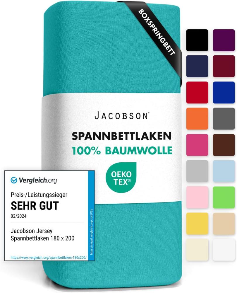 Jacobson Jersey Spannbettlaken Spannbetttuch Baumwolle Bettlaken (140x200-160x220 cm, Türkis) Bild 1