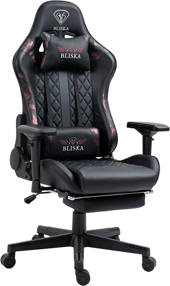 Gaming Stuhl mit Fußstütze und ergonomsichen 4D-Armlehnen - gaming chair in Sportsitz Optik - Gamer Stuhl mit verstellbaren Rückenstützkissen für gesündere Sitzhaltung, Farbe:Schwarz/Military -Rosa Bild 1