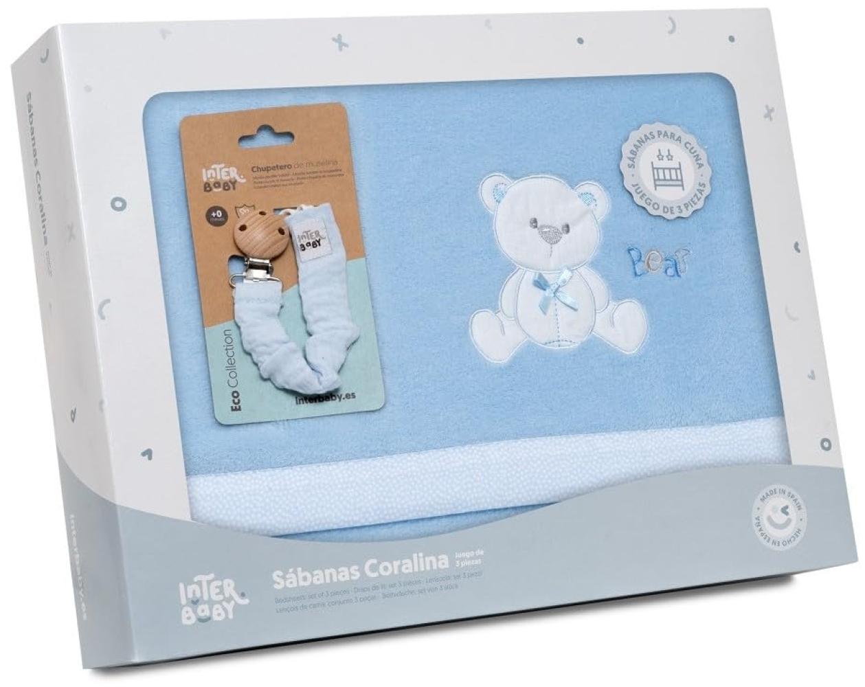Fleece-Plüsch-Bettlaken-Set Kinderbett "Oso Lazo" blau & Schnullerketten Musseline mit Clip· 3- Teilig Winter -Bettwäsche-Set für kinderbett · Babys Bild 1