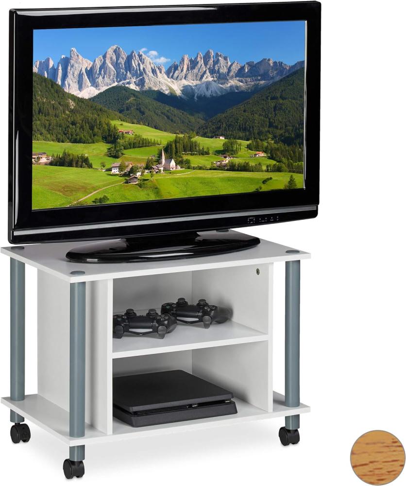 Relaxdays TV Tisch mit Rollen, 2 Fächer, Fernseher Ablage, Fahrbarer Fernsehtisch, HxBxT: 45 x 60 x 40 cm, weiß-Silber Bild 1