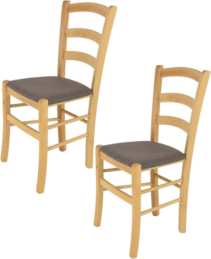 Tommychairs - 2er Set Stühle Venice für Küche und Esszimmer, robuste Struktur aus lackiertem Buchenholz Farbe Naturfarben und gepolsterte Sitzfläche mit Stoff Farbe Rehbraun bezogen Bild 1