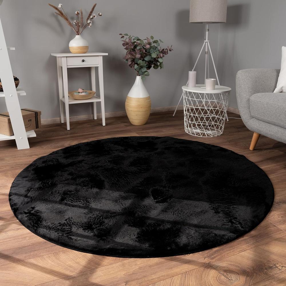 Paco Home Hochflor Teppich Wohnzimmer Flauschig Fellteppich Kunstfell Plüsch Shaggy Weich Fellimitat, Grösse:200 cm Rund, Farbe:Schwarz Bild 1