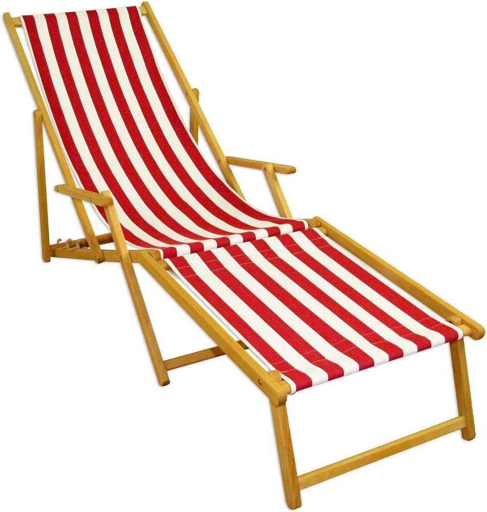 Liegestuhl rot-weiß Strandliege Sonnenliege Relaxliege Deckchair Buche hell Fußteil 10-314 N F Bild 1