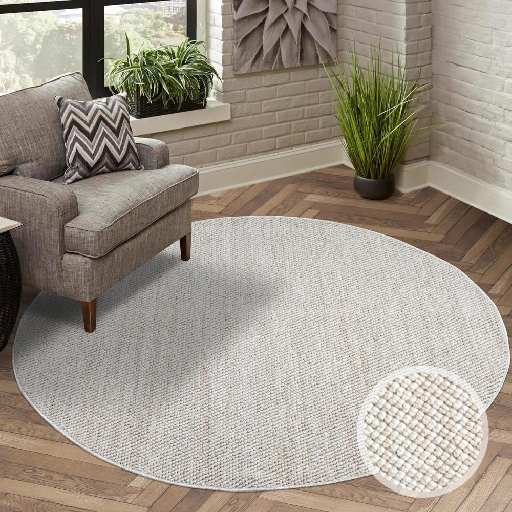 carpet city Teppich Kurzflor Wohnzimmer - Creme - 200x200 cm Rund - Teppiche Boho-Style - Einfarbig - Schlafzimmer, Esszimmer Bild 1