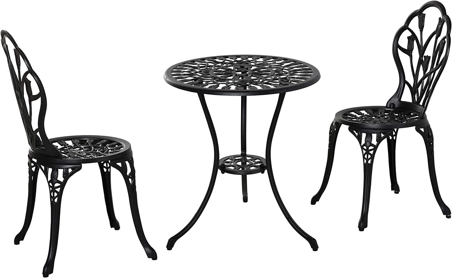 Outsunny Sitzgruppe 3-teilige Essgruppe Gartenmöbel-Set 1 Tisch+2 Stühle mit Schirmloch Terrasse Aluminium Schwarz Ø60 x 67H cm Bild 1