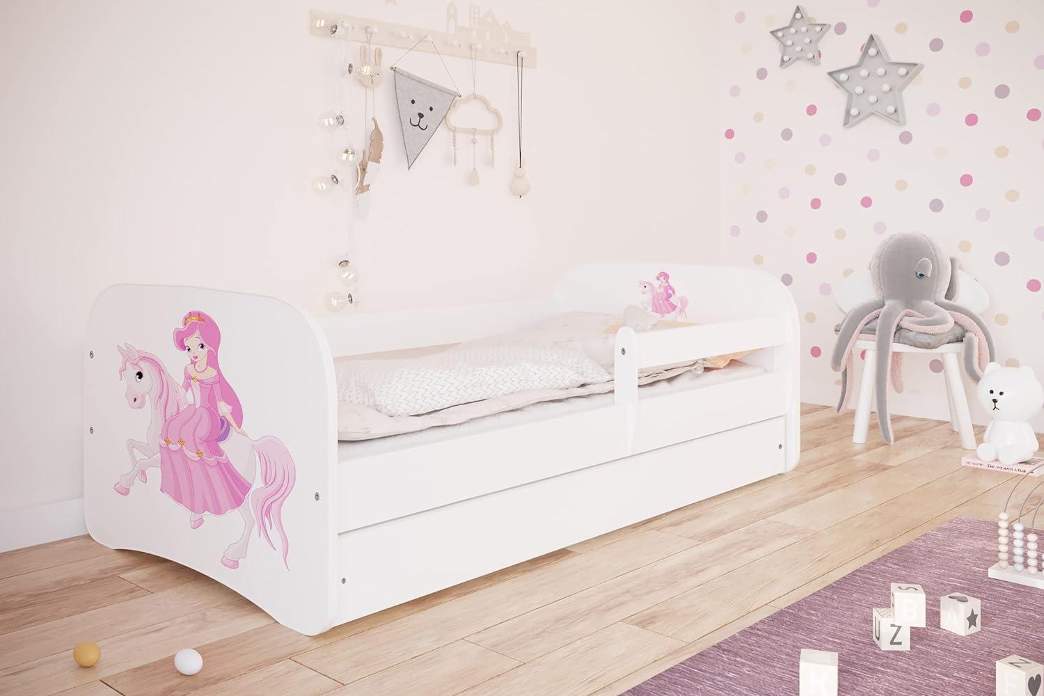 Kinderbett Jugendbett Weiß mit Rausfallschutz Schublade und Lattenrost Kinderbetten für Mädchen und Junge - Prinzessin auf dem Pony 70 x 140 cm Bild 1