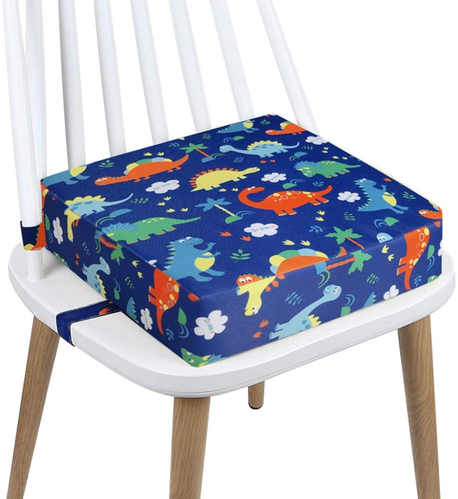 Sitzerhöhung Stuhl, AOIEORD PU Waschbar 2 Gurte Sicherheitsschnalle Sitzerhöhung Kinder für Esstisch, Tragbares Boostersitze (Blauer Dinosaurier) Bild 1