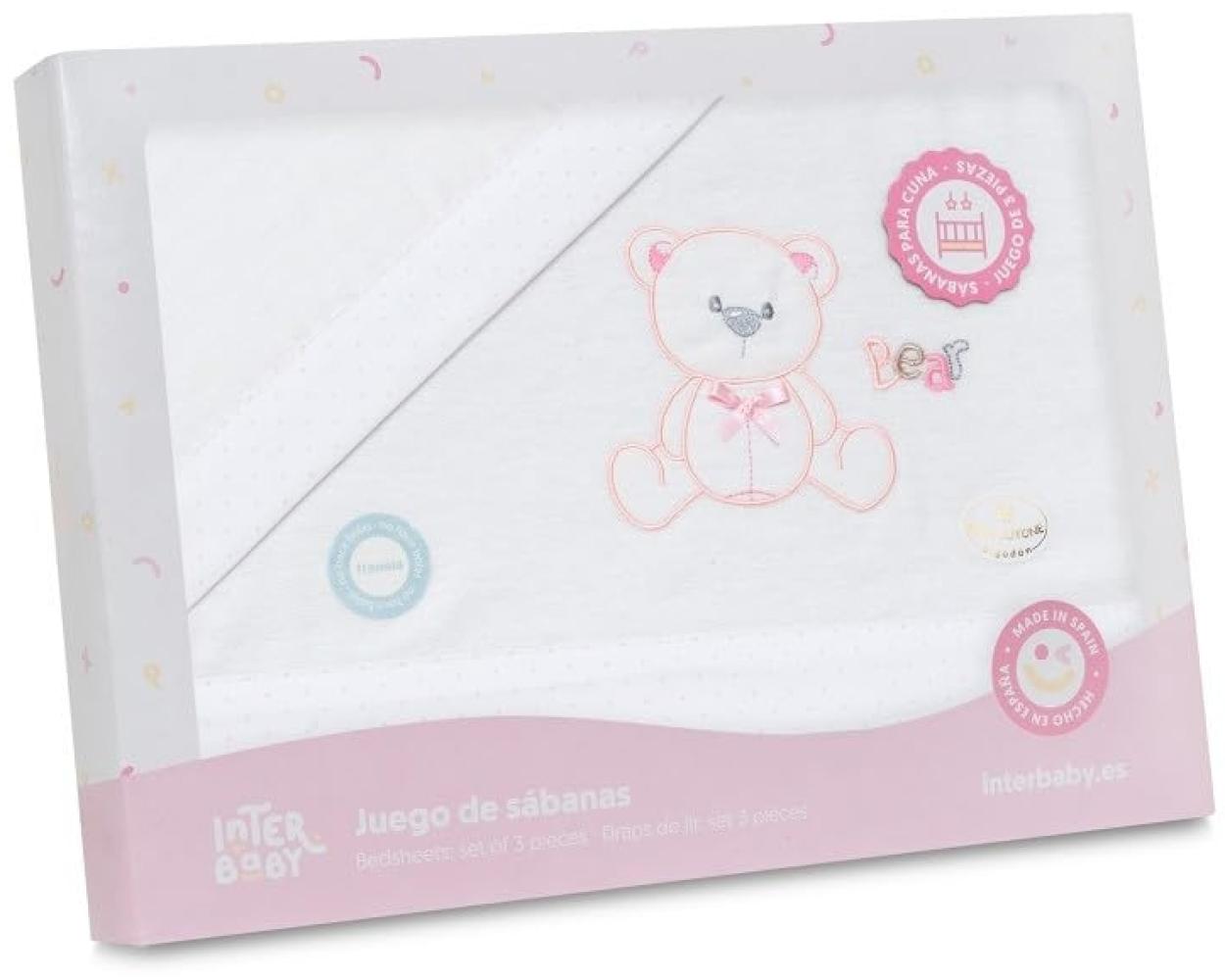 INTERBABY · Flanell Bettlaken-Set für Babybett, Oso Lazo" weiß rosa · 100% Baumwolle · 3- Teilig Winter -Bettwäsche-Set für Babywiege Bild 1