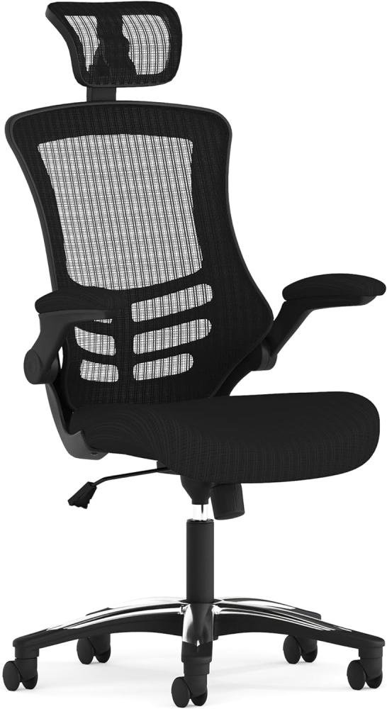 Flash Furniture Bürostuhl mit hoher Rückenlehne – Ergonomischer Schreibtischstuhl mit hochklappbaren Armlehnen und verstellbarer Kopfstütze – Perfekt für Home Office oder Büro – Schwarz Bild 1