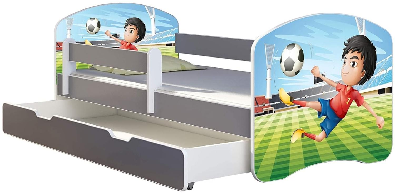 ACMA Kinderbett Jugendbett mit Einer Schublade und Matratze Grau mit Rausfallschutz Lattenrost II (13 Fußballer, 180x80 + Bettkasten) Bild 1