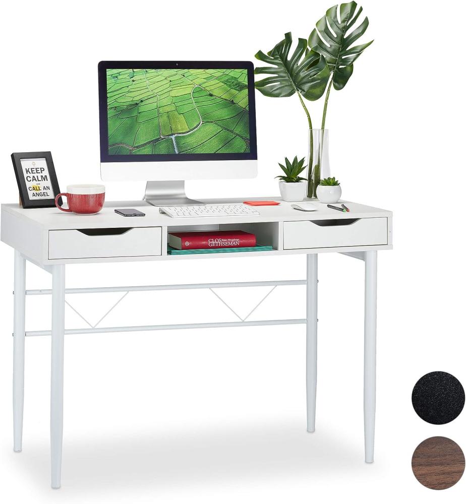 Relaxdays Schreibtisch mit Schubladen und Ablage, modern, Metallgestell, Büroschreibtisch HBT: 77 x 110 x 55 cm, weiß, PB Bild 1
