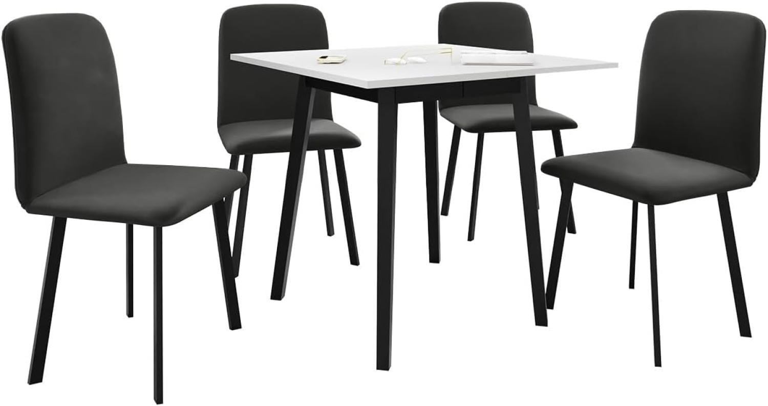 Essgruppe ML01, Quadratischer ausziehbarer Esstisch Anterro S mit 4 Stühlen Lanoi (Farbe: Amor Velvet 4321, Weiß/Schwarz) Bild 1