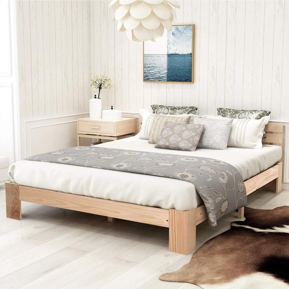 Merax Holzbett Doppelbett | 200 x 140 cm | Massivholz | Bettgestell | Lattenrost | Futonbett | Kieferbett | Natürliche Farbe Bild 1