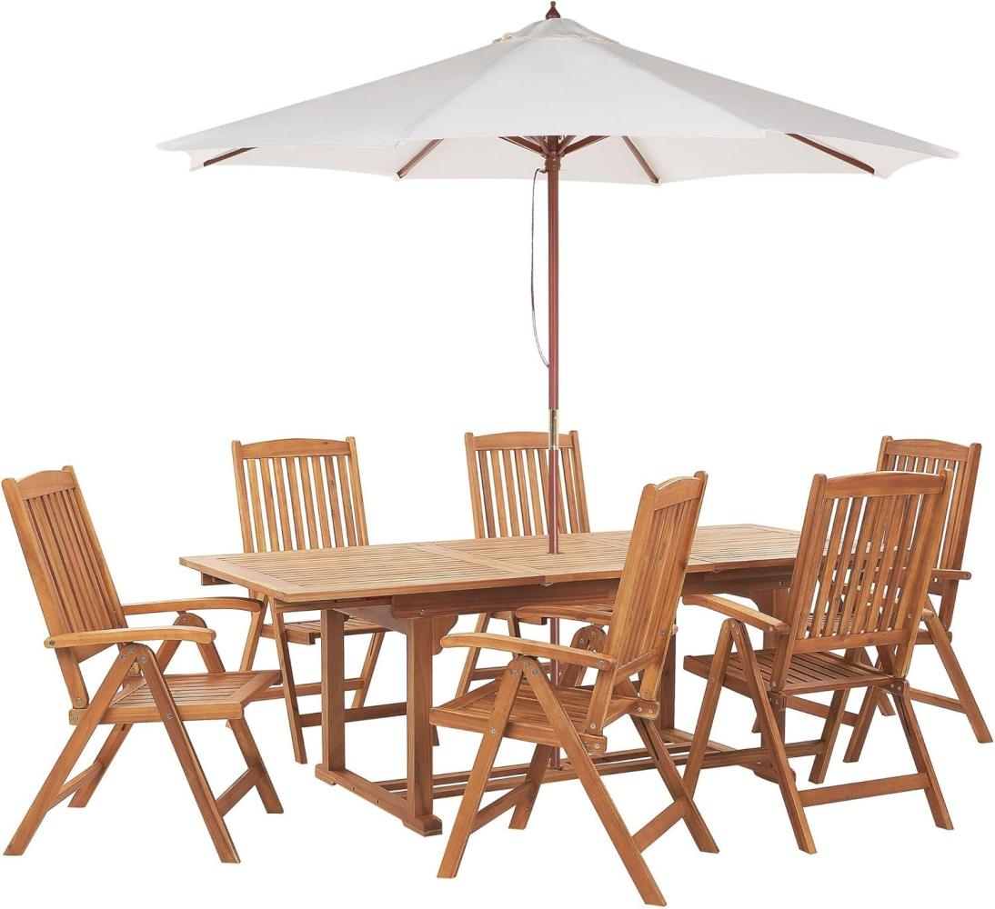 Gartenmöbel Set mit Sonnenschirm (12 Optionen) Akazienholz hellbraun 6-Sitzer JAVA Bild 1