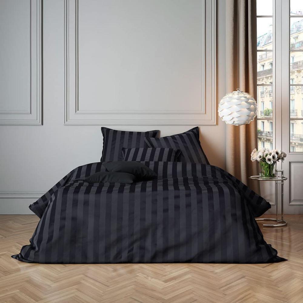 BettwarenShop Uni Mako-Satin Streifen Bettwäsche | Bettbezug einzeln 200x220 cm | schwarz Bild 1