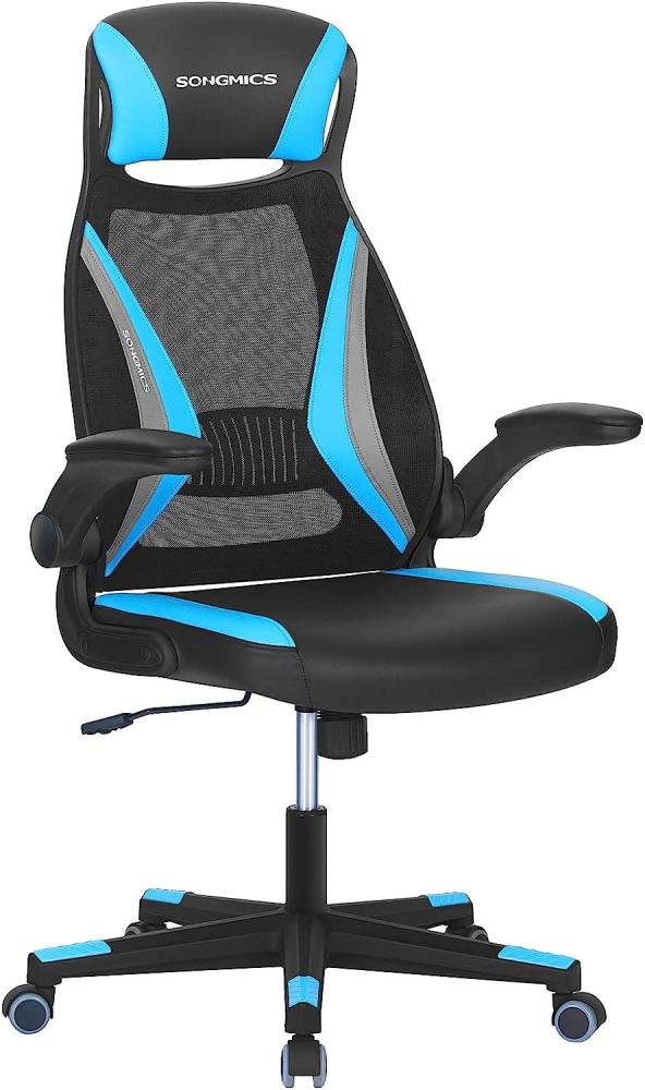 SONGMICS Bürostuhl mit Netzbespannung, Stuhl mit Kopfstütze und Armlehne, höhenverstellbar, um 360° drehbar, mit Wippfunktion, bis 130 kg belastbar, ergonomisch, schwarz-hellblau-grau OBN086B03 Bild 1