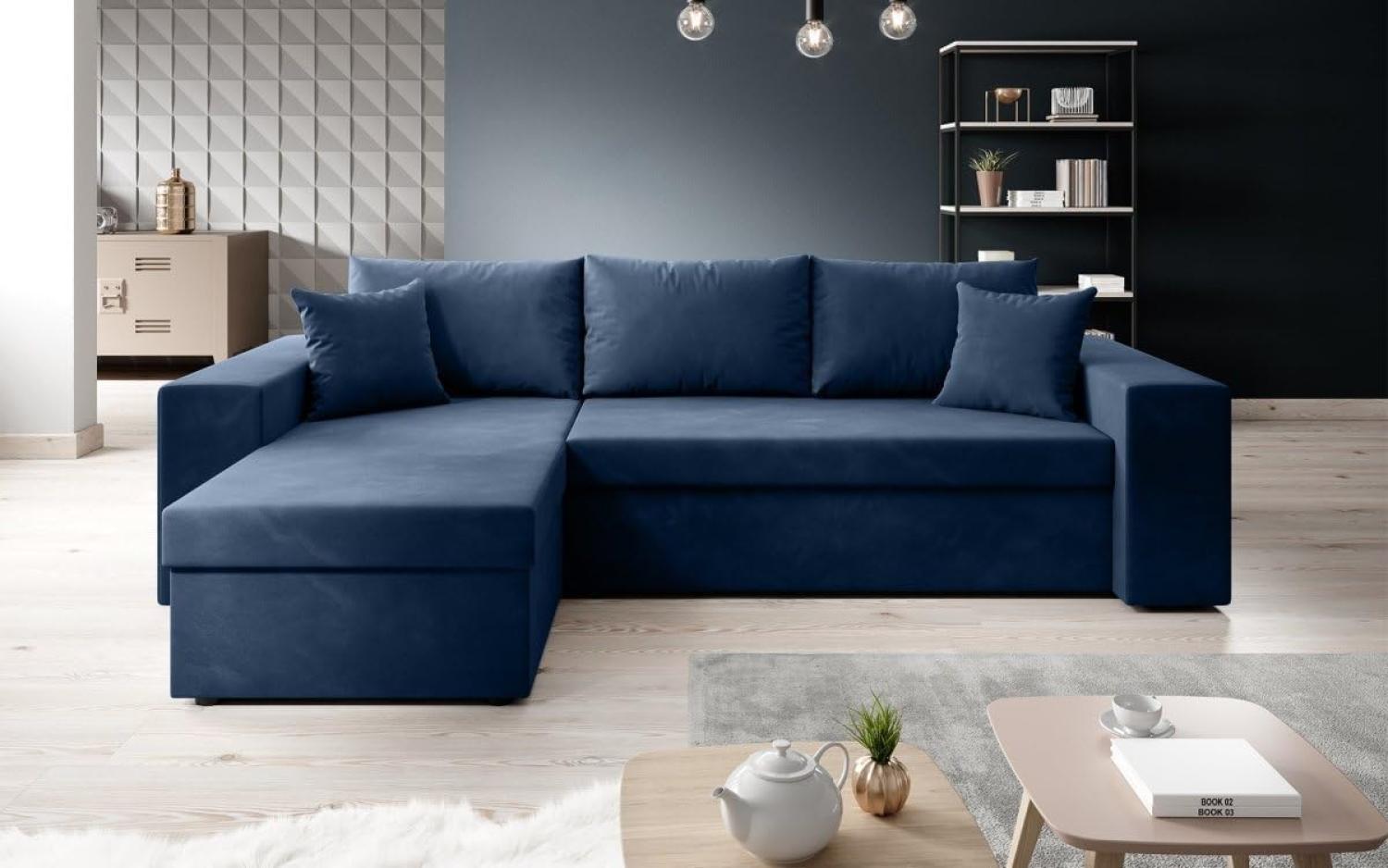 Designer Sofa Denver mit Schlaf- und Klappfunktion Blau Samt Links Bild 1