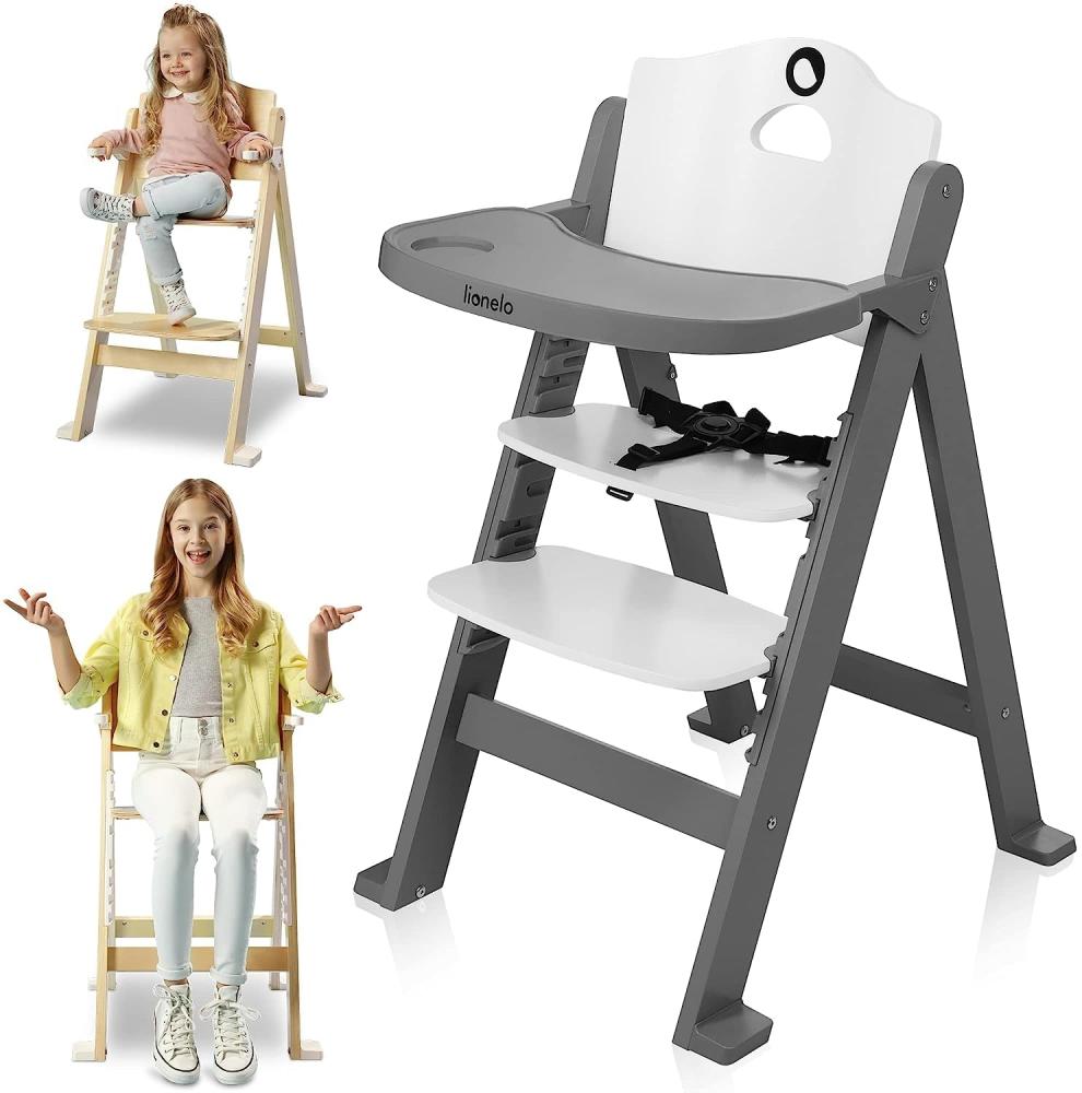 LIONELO Floris 3-in-1 Kinderstuhl aus Holz, hochverstellbarer Stuhl, abnehmbares Tablett, von 6 bis 36 Monate / bis 12 Jahre, 5-Punkt-Sicherheitsgurte, Belastbarkeit bis 15 kg / 40 kg (Grey) Bild 1