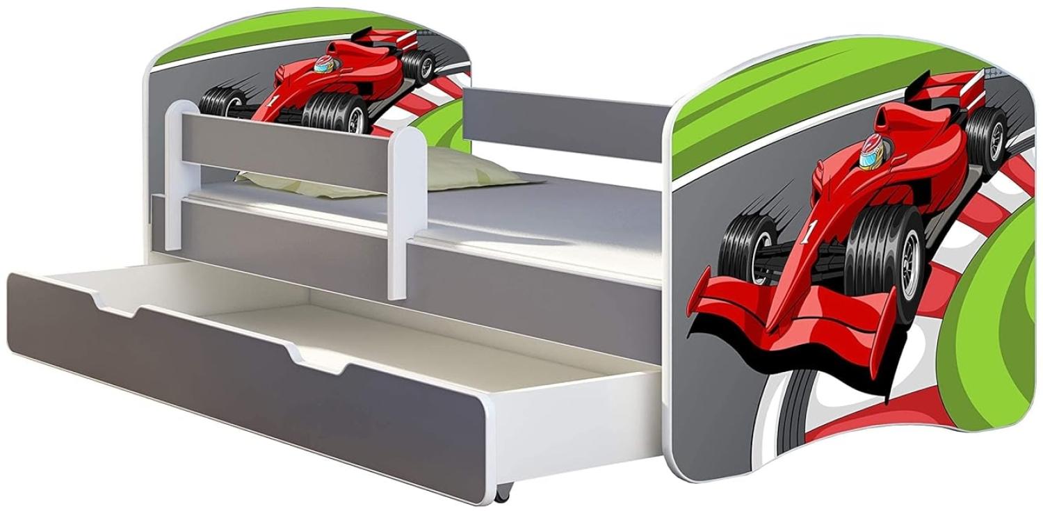 ACMA Kinderbett Jugendbett mit Einer Schublade und Matratze Grau mit Rausfallschutz Lattenrost II (06 Formel 1, 160x80 + Bettkasten) Bild 1