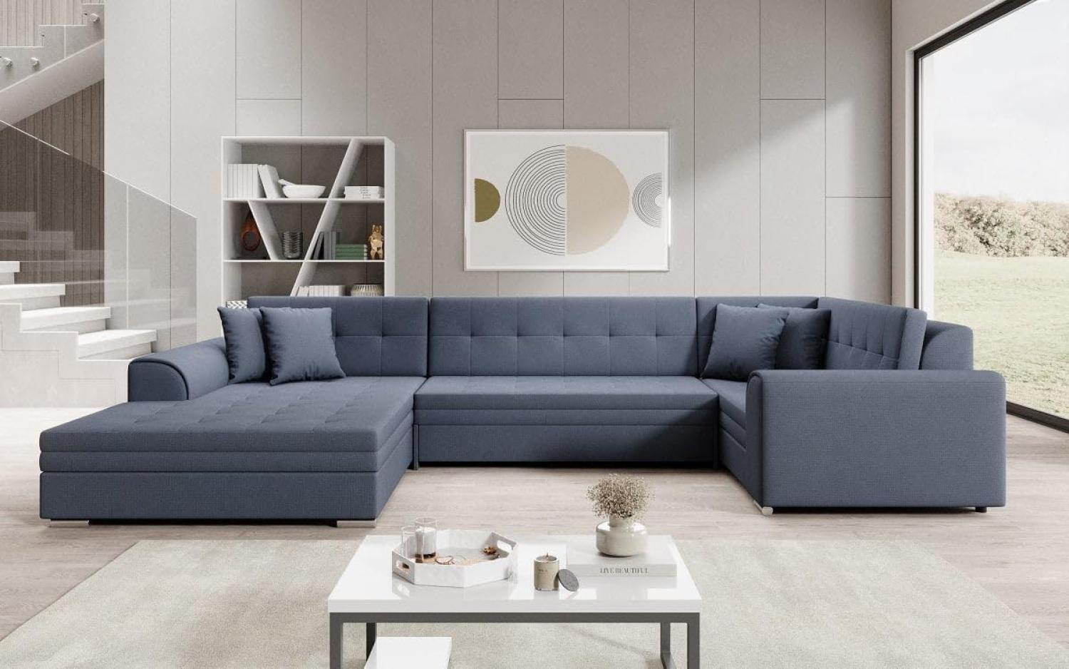Designer Sofa Velio mit Schlaffunktion Stoff Blau Links Bild 1