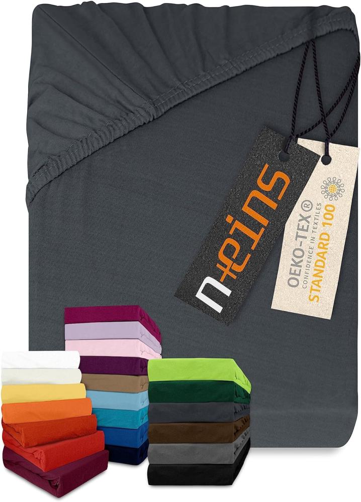 npluseins klassisches Jersey Spannbetttuch - erhältlich in 34 modernen Farben und 6 verschiedenen Größen - 100% Baumwolle, 200 x 220 cm, anthrazit Bild 1