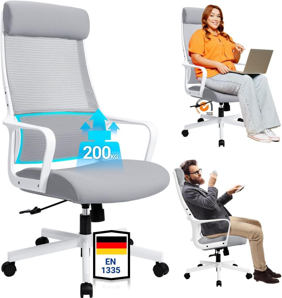 MELOKEA Ergonomischer Bürostuhl, Schreibtischstuhl mit Verstellbarer Kopfstütze und höhenverstellbarem Bürostuhl, elastische S-förmige Lendenwirbelstütze Mesh Stuhl, Computer Stuh, 150kg Grau Bild 1