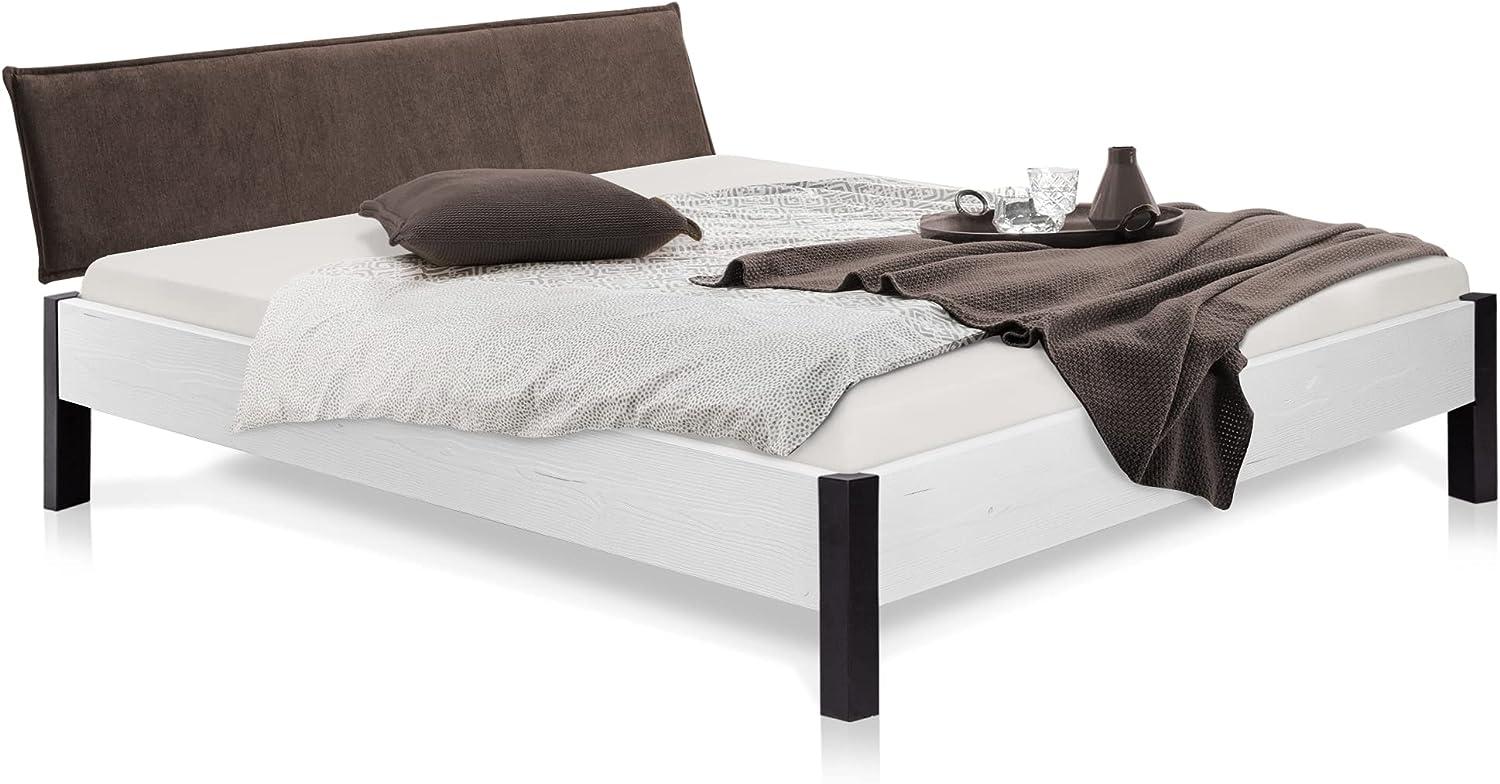 Möbel-Eins LUKY Bett Metallfuß, mit Polsterkopfteil, Material Massivholz, Fichte massiv weiss 200 x 220 cm Stoff Braun Bild 1