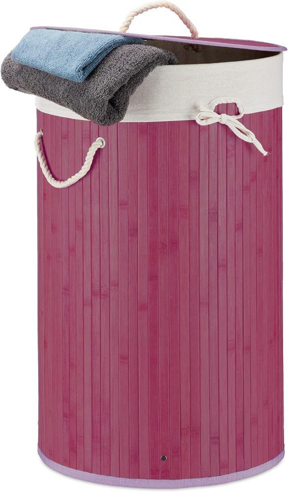 Relaxdays violett Wäschekorb, Faltbare Wäschetonne mit Deckel, Volumen 70 l, Wäschesack Baumwolle, rund Ø 41 cm Bild 1