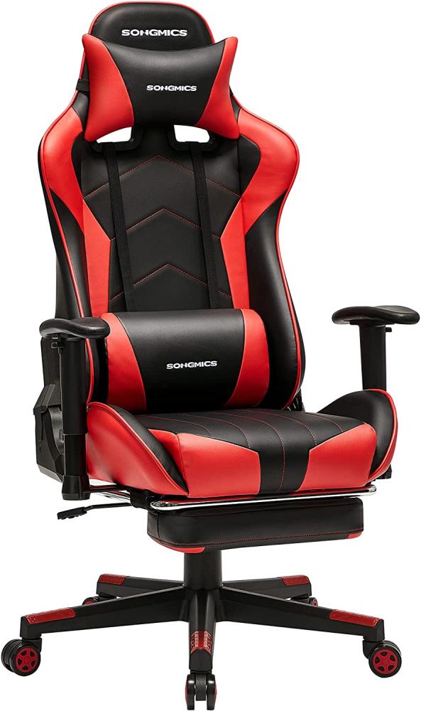 SONGMICS Gaming Stuhl, Bürostuhl, ergonomischer Schreibtischstuhl, ausziehbare Fußstütze, verstellbare Armlehnen, 90°-135° Neigungswinkel, bis 150 kg belastbar, schwarz-rot RCG016B01 Bild 1