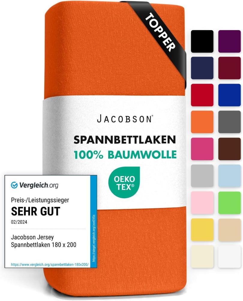JACOBSON Jersey Spannbettlaken Spannbetttuch Baumwolle Bettlaken (Topper 140-160x200 cm, Orange) Bild 1