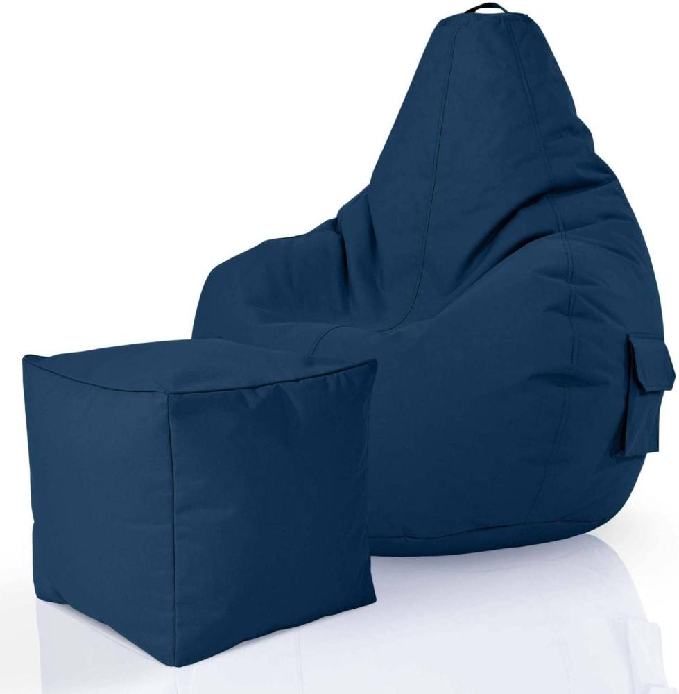 Green Bean© 2er Set Sitzsack + Hocker "Cozy+Cube" - fertig befüllt - Bean Bag Bodenkissen Lounge Sitzhocker Gamingstuhl Pouf - Dunkelblau Bild 1