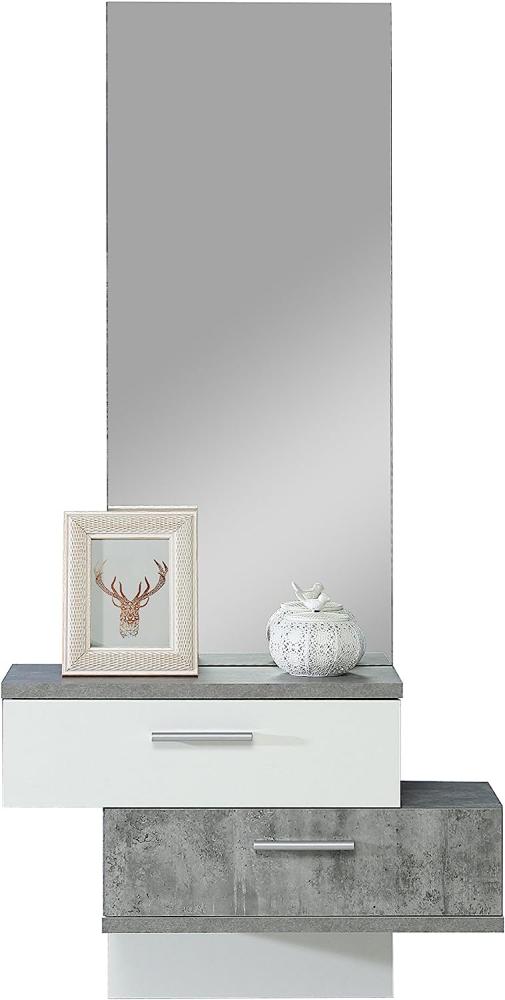 FORTE SKIVE Kompaktgarderobe mit Spiegel und 2 Schubladen, Holzwerkstoff, Betonoptik Kombiniert mit Weiß, 75,4 x 157 x 25,6 cm Bild 1